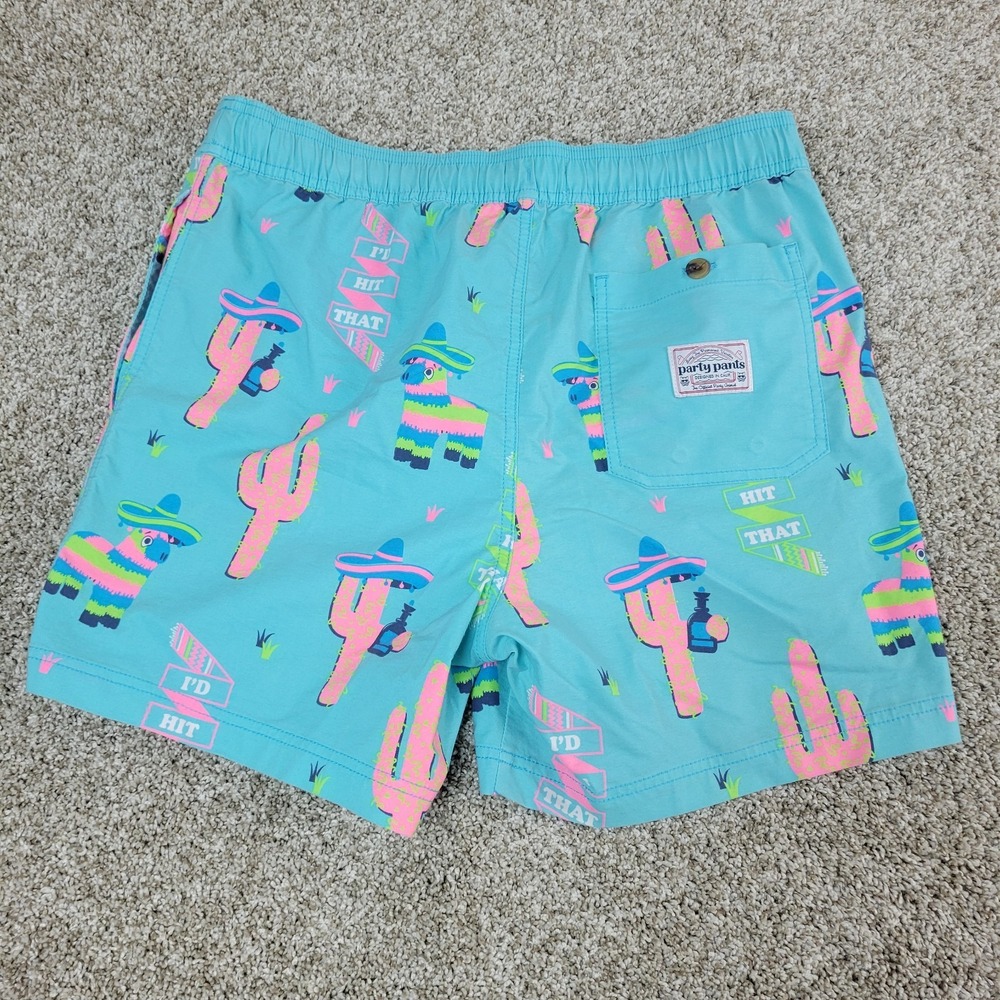 Party Pants Mens Medium Aqua All Over Cactus Swimsuit Elastic Waist Drawsting - Picture 2 of 5